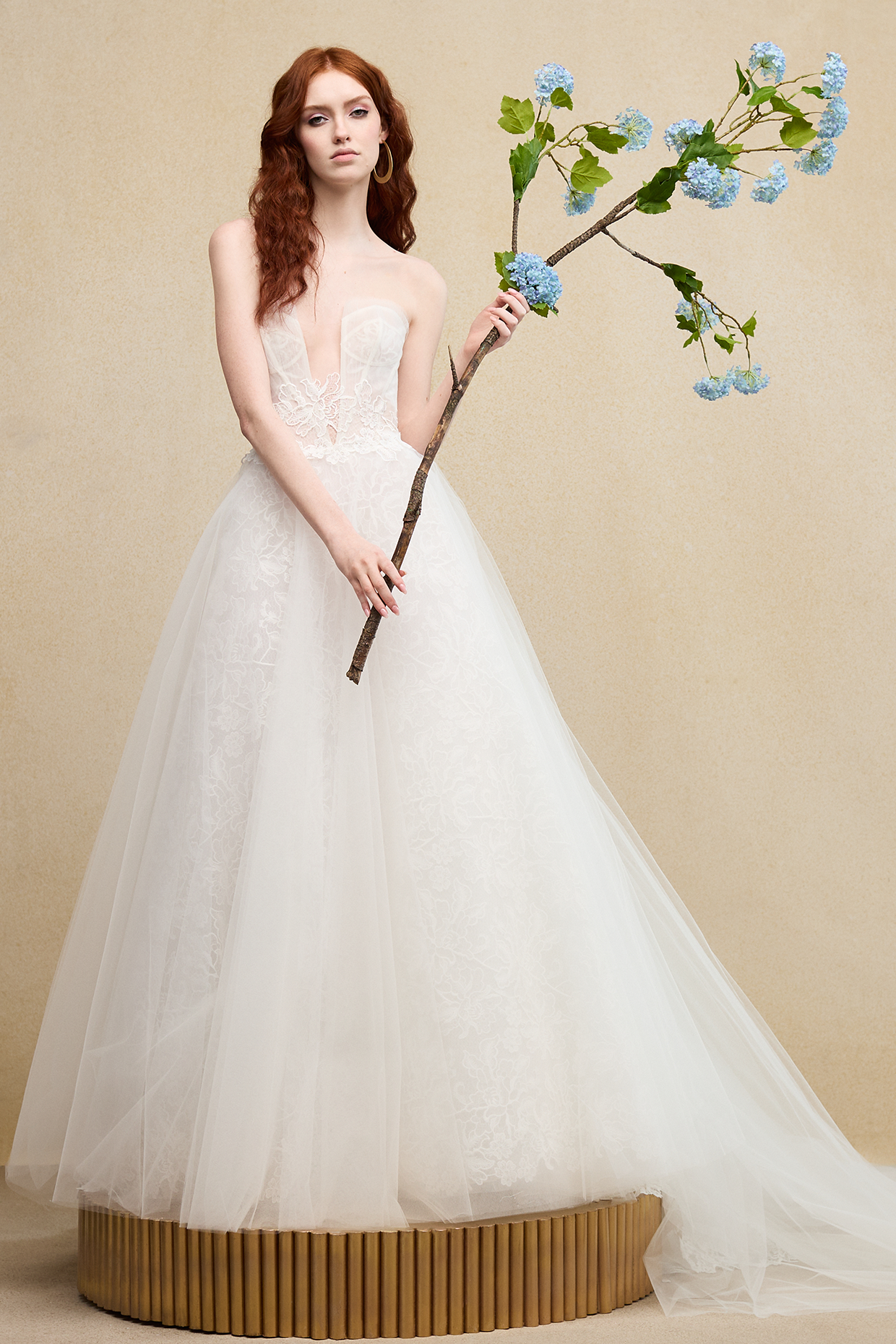 wedding dress with lace underlay lace wedding dress with slit FLORA / Illusion Neck Lace Wedding Dress with Slit on the Skirt-parroquiadesanalbertomagno.com