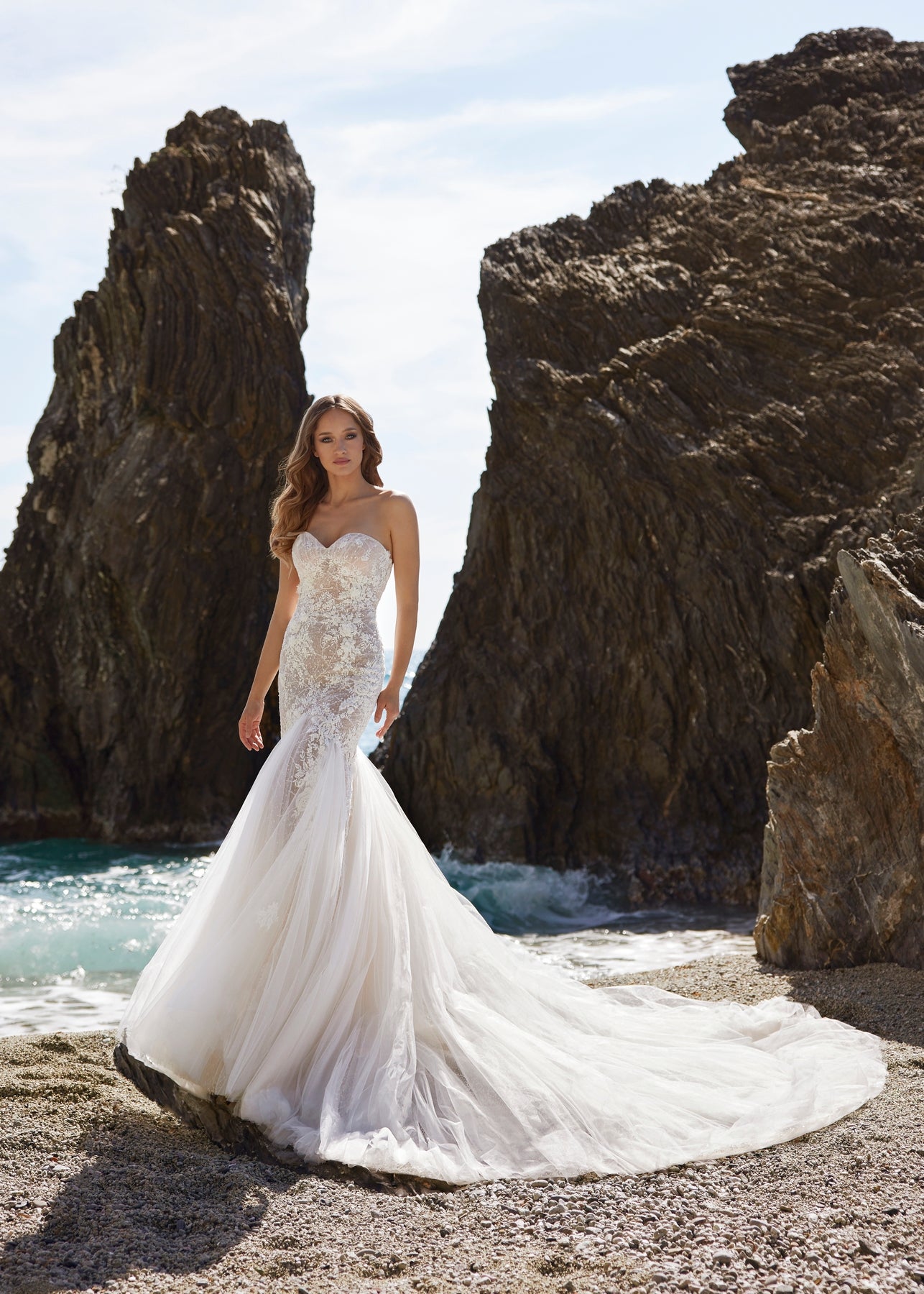 Draped Pearl Beading and Lace Mermaid Gown 